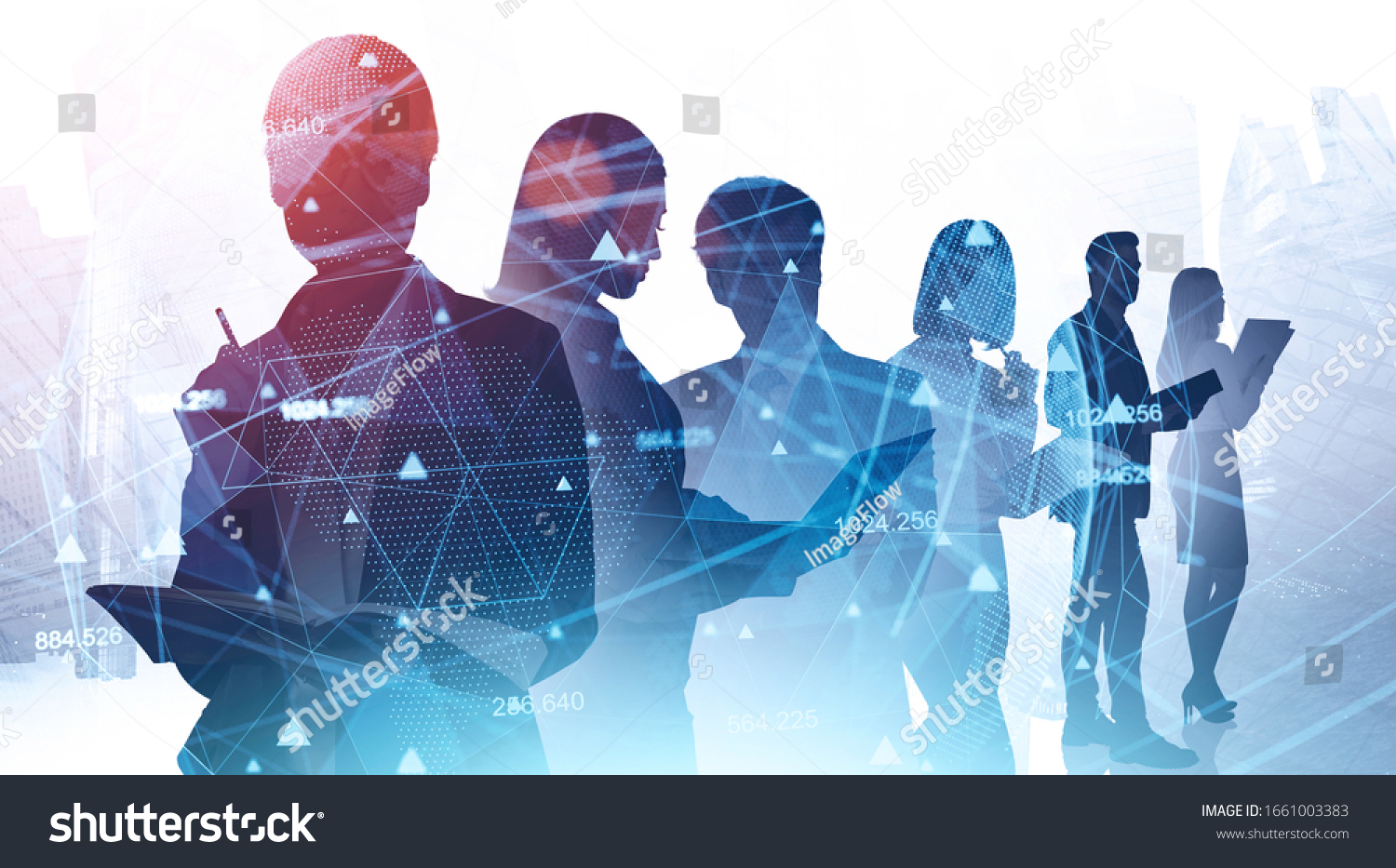 Network and internet communication concept. Silhouettes of business people in abstract city with double exposure of blurry network interface. Toned image #1661003383