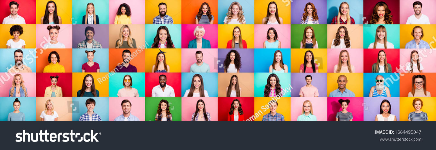 Photo collage of cheerful excited glad optimistic crowd of different human have toothy beaming smile wear casual clothes isolated over bright multicolored background #1664495047