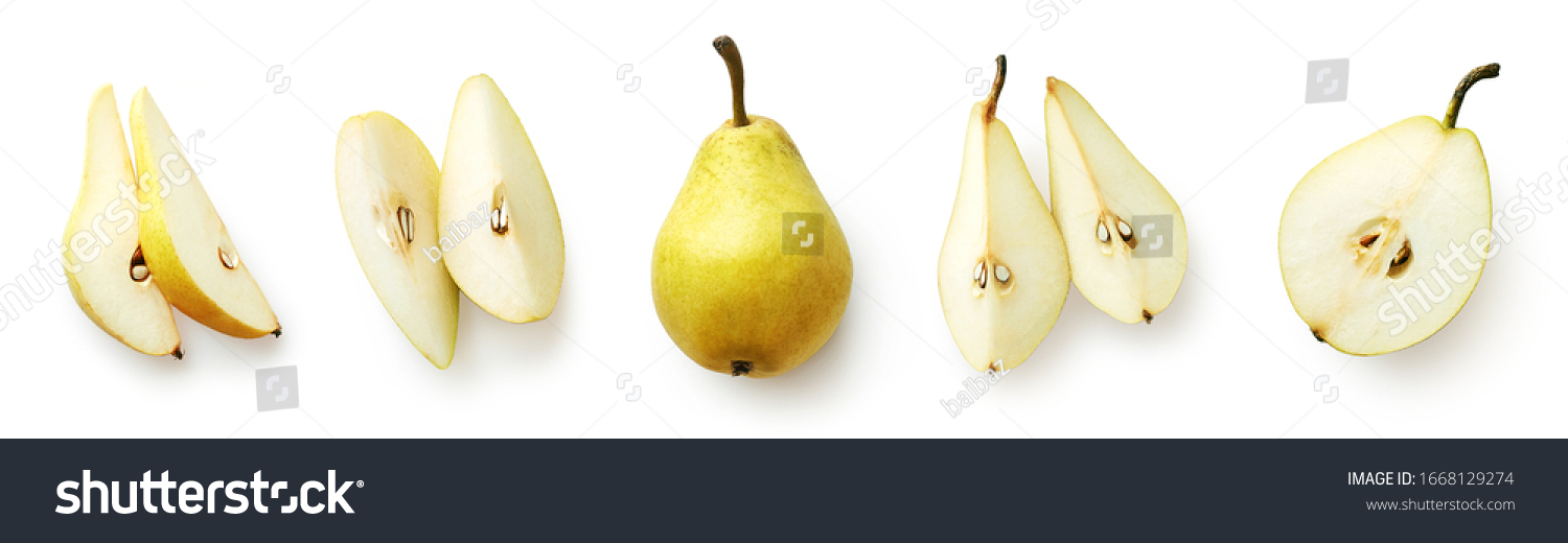 Set of fresh whole and cut pear and slices isolated on white background. From top view #1668129274