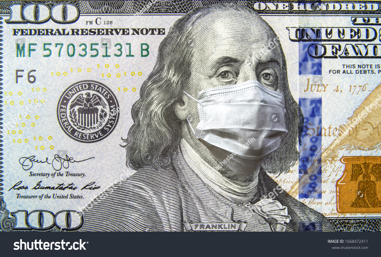 COVID-19 and money, 100 dollar bill with face mask. Coronavirus affects global stock market. World economy hits by corona virus outbreak and pandemic fears. Crisis, USA, recession and finance concept #1668472411