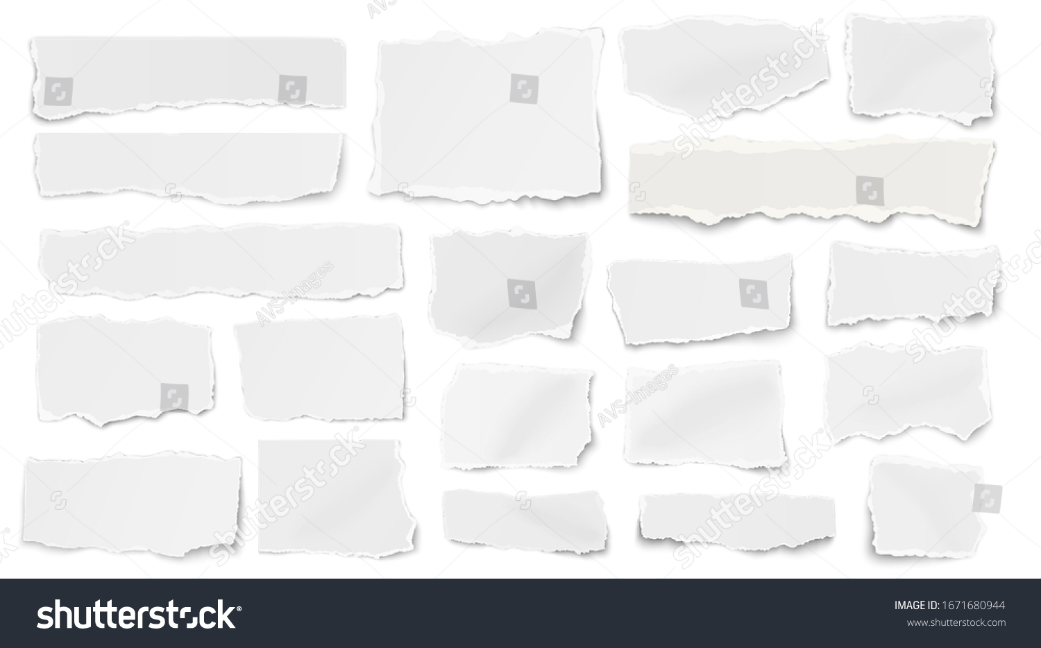 Set of paper different shapes ripped scraps fragments wisps isolated on white background. Vector illustration. #1671680944