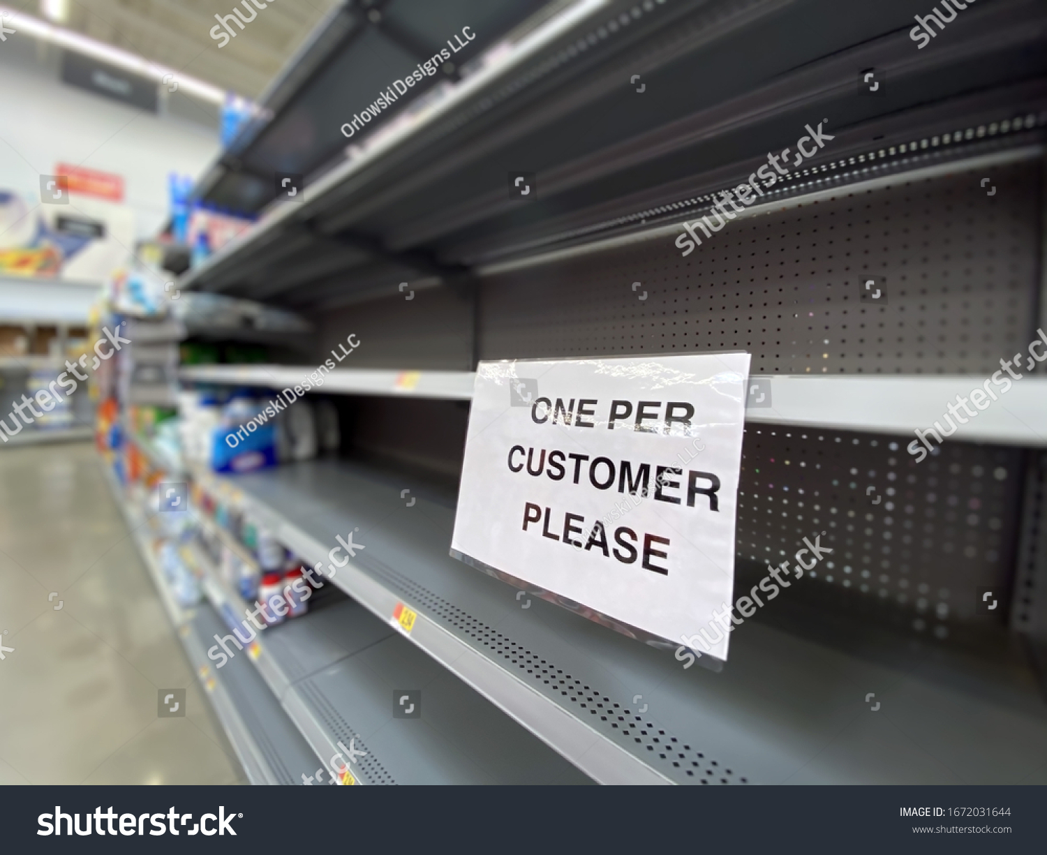 A view of empty shelves at a department store during the Coronavirus pandemic of 2020. #1672031644