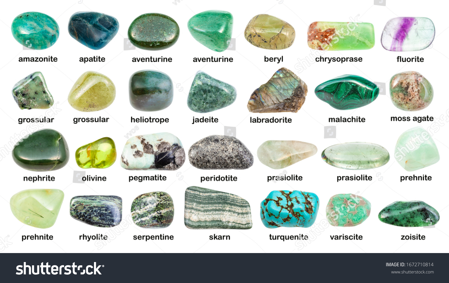 collage of various green gemstones with names (malachite, prehnite, chrysoprase, skarn, grossular, prasiolite, apatite, turquenite, bperidot, jadeite, nephrite, peridotite, etc) isolated on white #1672710814