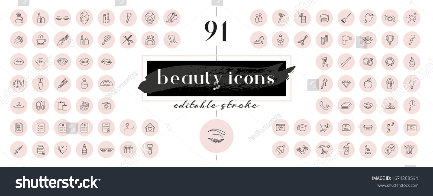 Highlight covers backgrounds. Set of beauty icons. Editable stroke. It is well suited for bloggers, cosmetics ad design and also for hairdressers, stylists, spas, beauty salons or cosmetologists. #1674268594