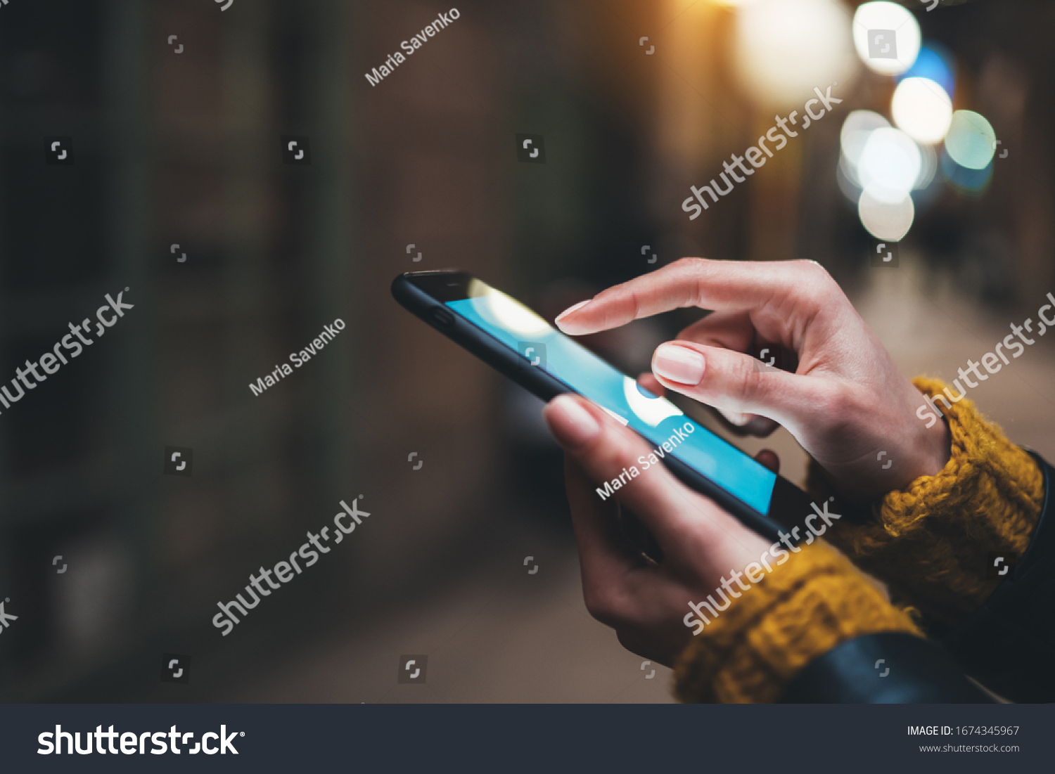 point finger on screen mobile phone closeup, person texting text message, hipster touch blue screen on smartphone light night city, girls using in hands cellphone close up, online internet #1674345967