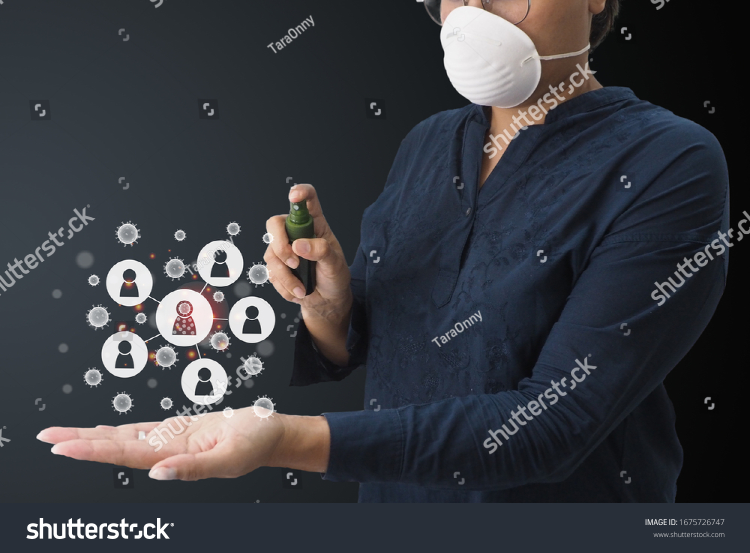 Women spray 70% alcohol on the left hand side To inhibit the virus by the graphic showing the infection Covid-19 from person to person. #1675726747