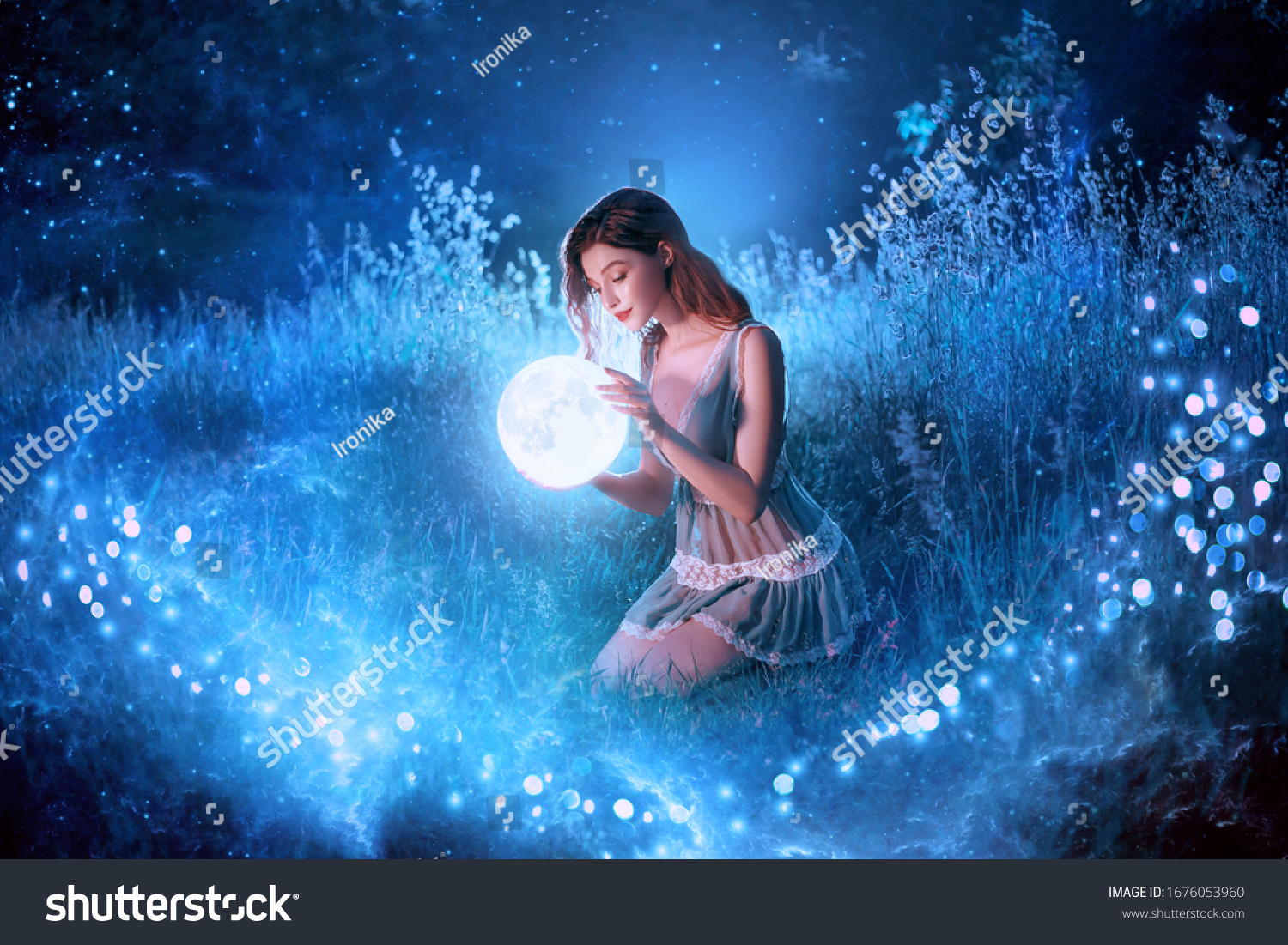 Artwork Fantasy young beautiful woman holds magical ball planet. night nature dark forest. Mystic moon light magic universe outer space. Backdrop Fairy flying bright sparkle stars white fog blue grass #1676053960