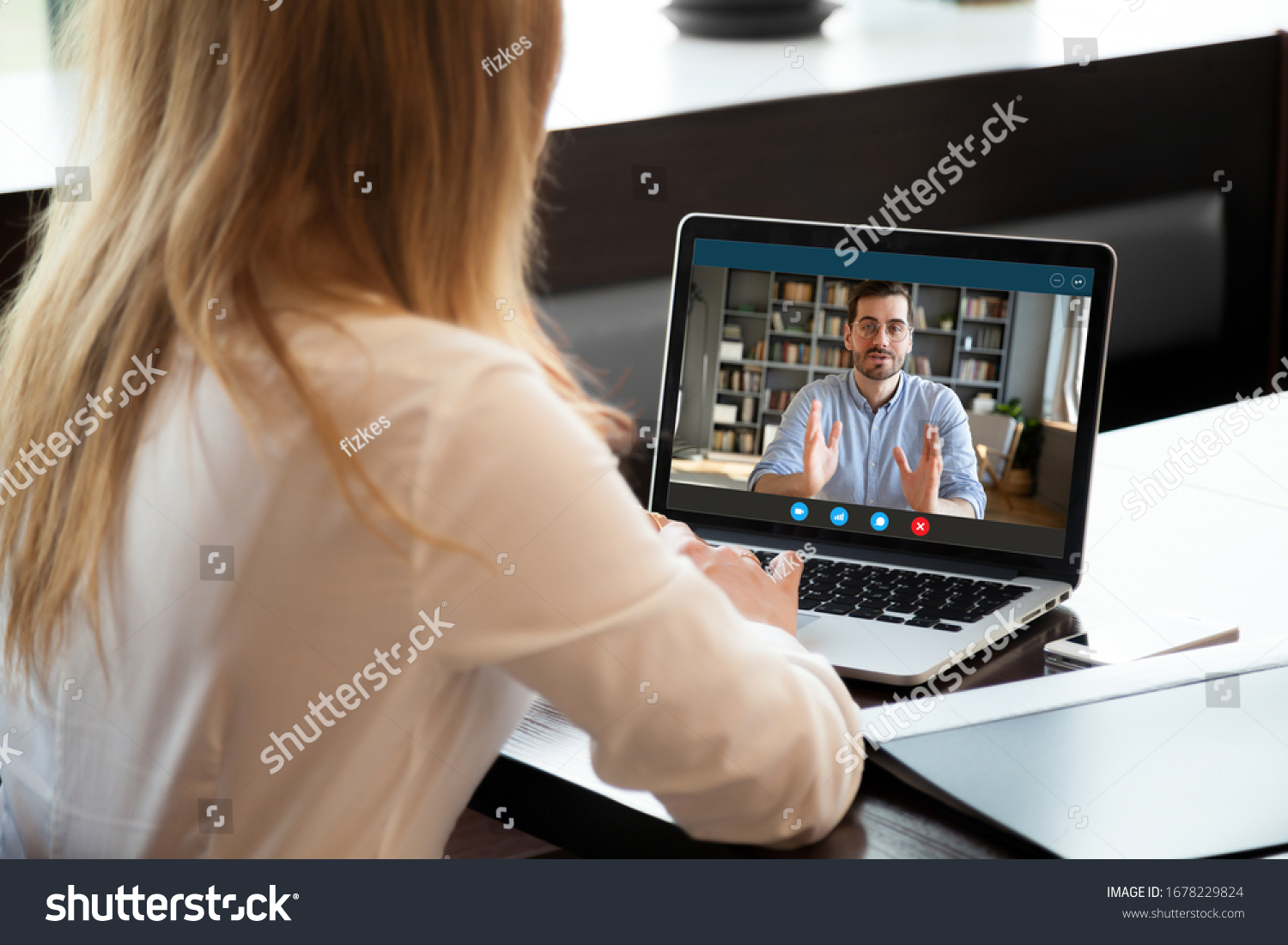 View over shoulder employer listen applicant at job interview online use cam and pc. To prevent spread corona virus covid19 infectious epidemia colleagues working distantly, self-isolation hr concept #1678229824