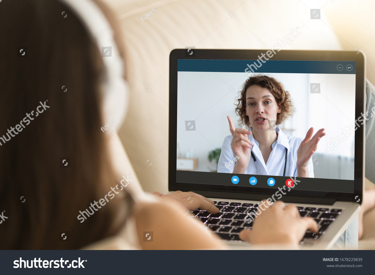 Laptop monitor view over woman shoulder, girl in headphones listens female therapist, medic gives recommendation how protect people during corona virus ncov epidemic outbreak pandemic disease concept #1678229839