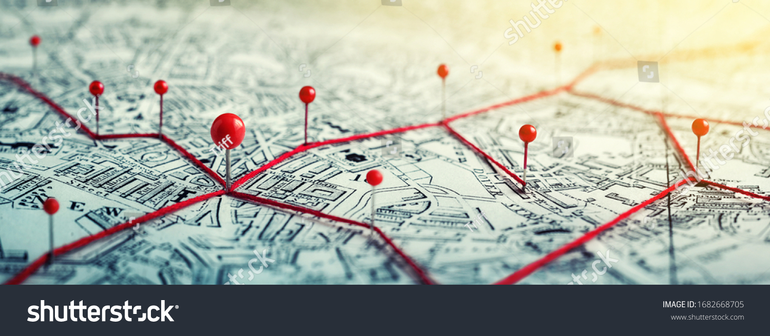 Routes with red pins on a city map. Concept on the  adventure, discovery, navigation, communication, logistics, geography, transport and travel topics. #1682668705