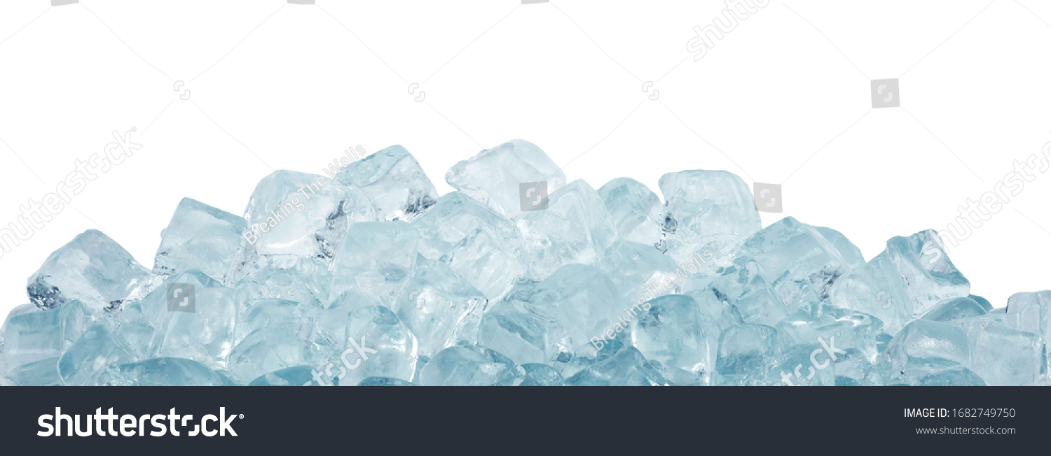 Close up clear ice cubes and rocks isolated on white background, low angle side view #1682749750