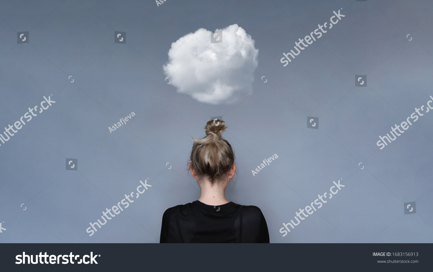 Young girl simple hairstyle back view with cloud above her head. Depression, loneliness and quarantine concept. Fashion model, trendy woman. Mental health metaphor concept #1683156913