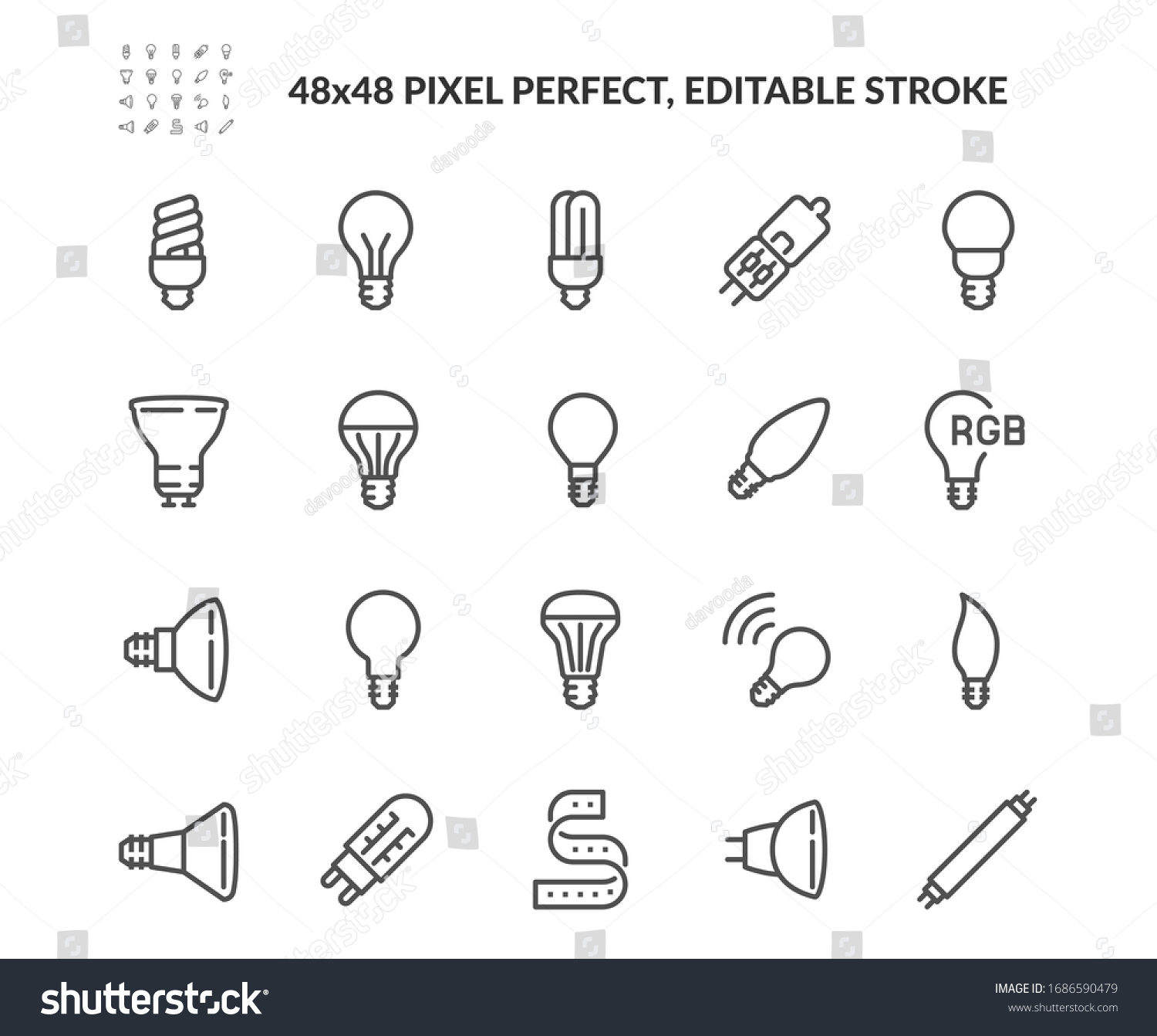 Simple Set of Light Bulb Related Vector Line Icons. Contains such Icons as RBG stripe, Classic Lamp, Halogen Tube and more. Editable Stroke. 48x48 Pixel Perfect. #1686590479