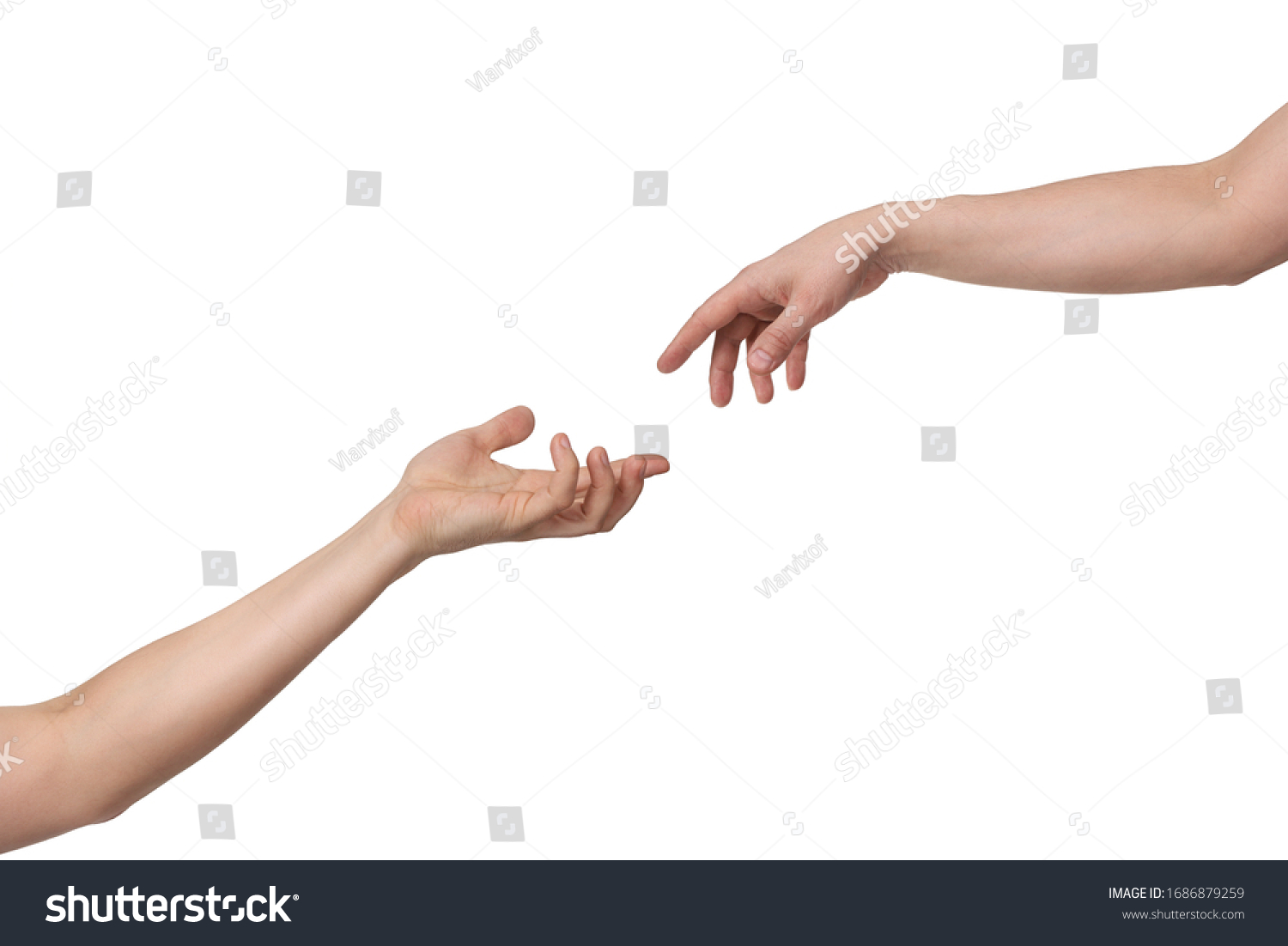 Hand extended from above demonstrates leniency to the other asking hand. Isolated on white background with copy space #1686879259