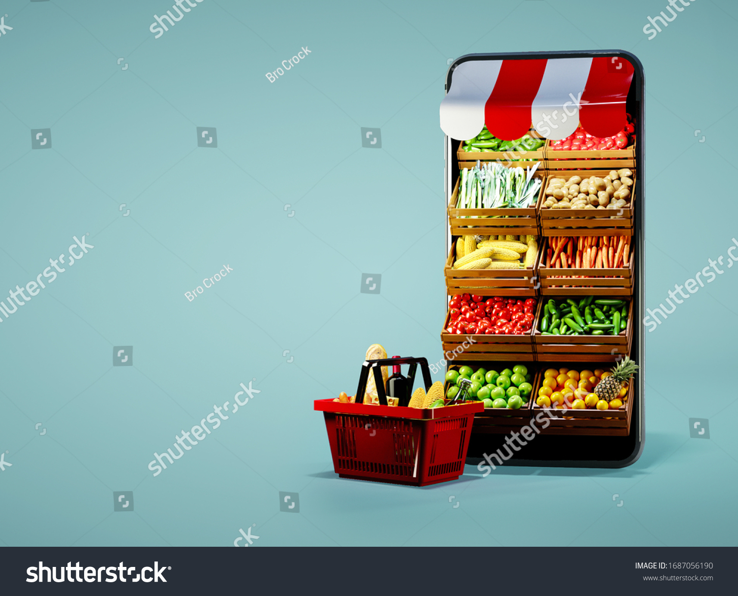 Service for delivery app. Food market in smartphone. Online shop. Food delivery background concept. Online shop in your smartphone. Shopping cart. #1687056190