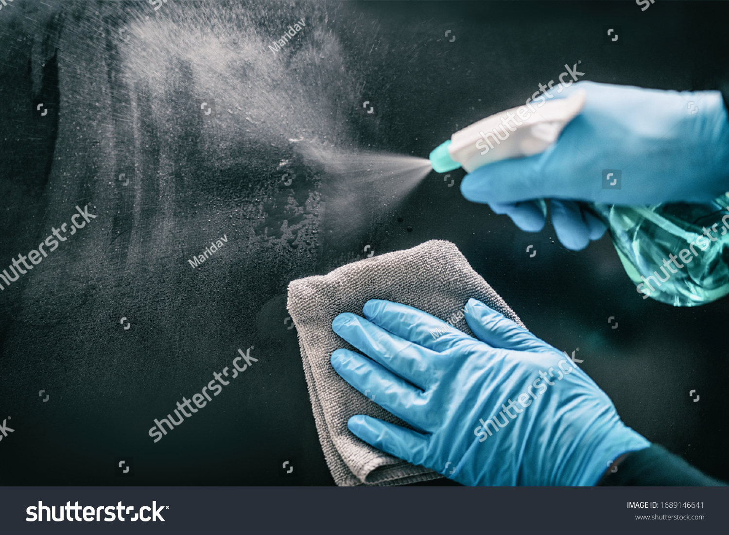 Surface home cleaning spraying antibacterial sanitizing spray bottle disinfecting against COVID-19 spreading wearing medical blue gloves. Sanitize surfaces prevention in hospitals and public spaces. #1689146641