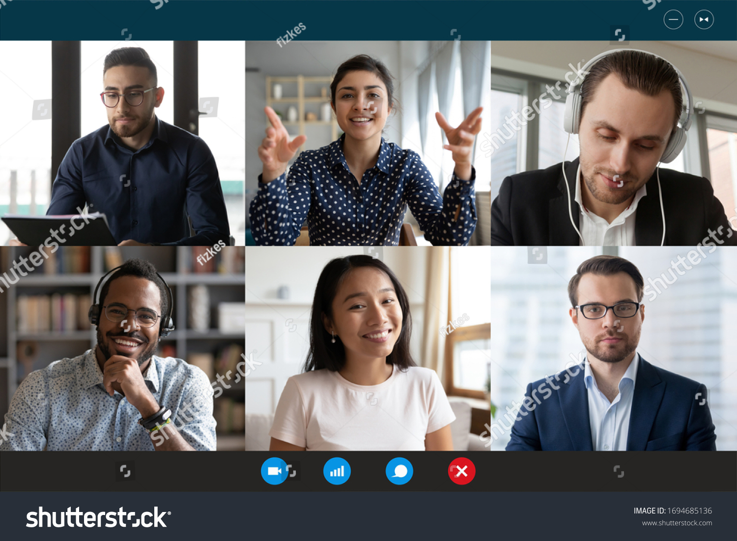 Team working by group video call share ideas brainstorming negotiating use video conference, pc screen view six multi ethnic young people, application advertisement easy and comfortable usage concept #1694685136