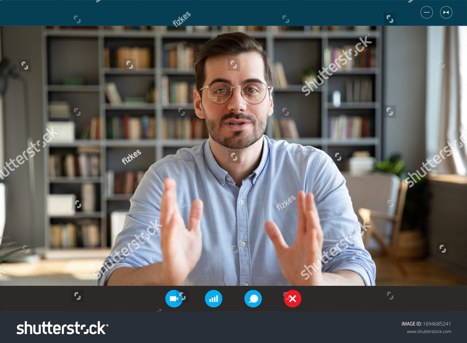 Businessman participate at virtual distant negotiations with colleagues via teleconference. Talk with clients provide information strategizing remotely. Video call self-isolation during ncov situation #1694685241