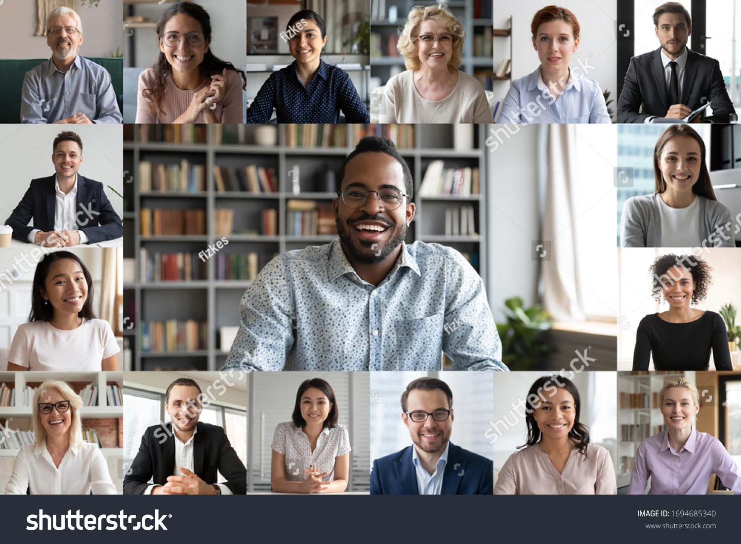 Many portraits faces of diverse young and aged people webcam view, while engaged in videoconference on-line meeting lead by african businessman leader. Group video call application easy usage concept #1694685340
