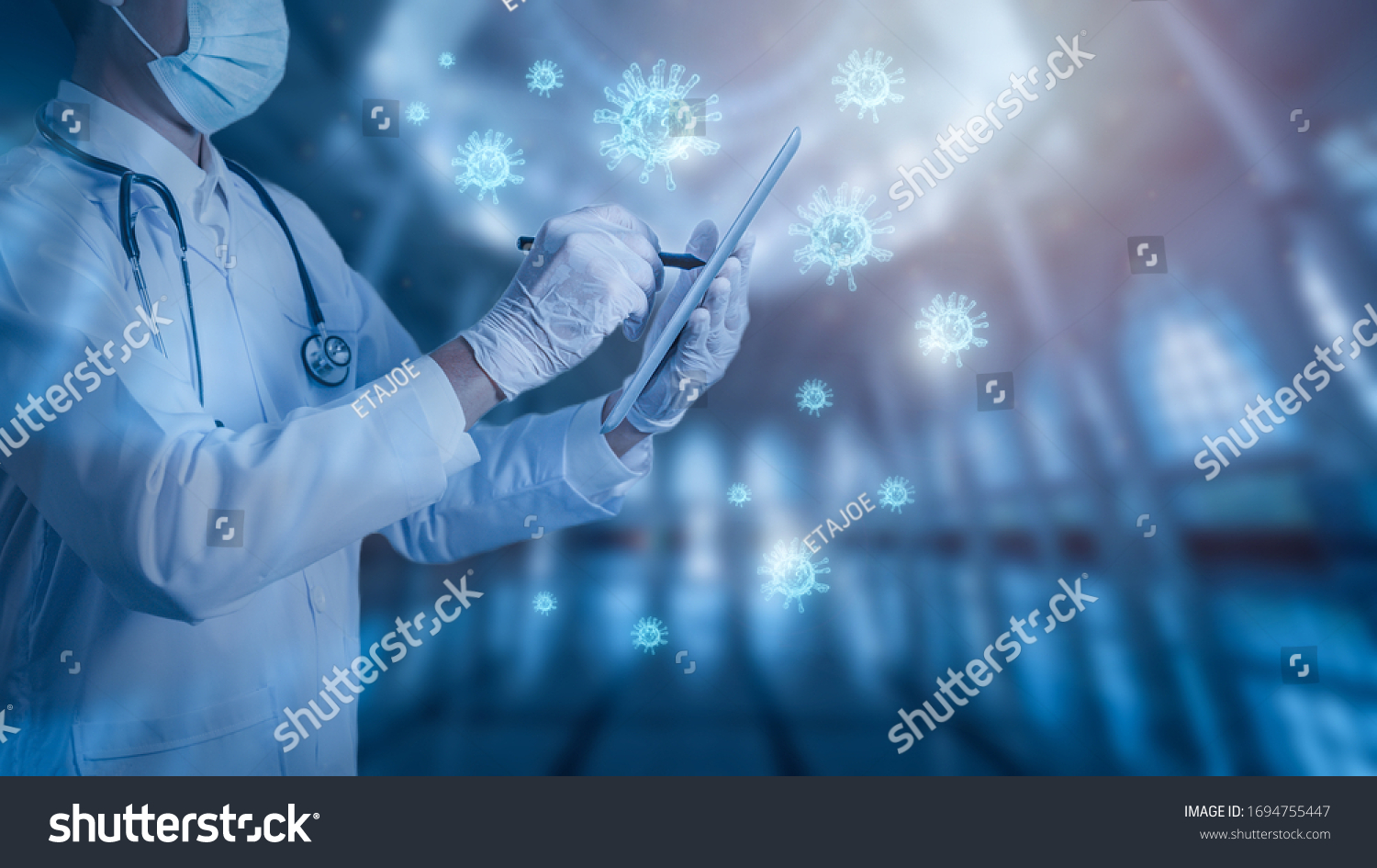 Doctor consider coronavirus covid-19 technology concept, Abstract healthcare, Medicine doctor look virus spreading on tablet blue background, Corona virus outbreak and global epidemic virus, 3D virus #1694755447