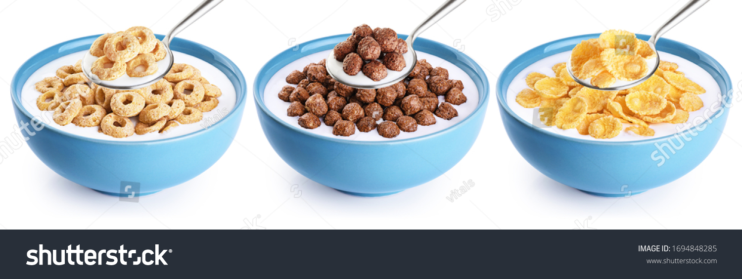 Bowl and spoon with corn rings, balls, cornflakes and yogurt isolated on white background. Cereals breakfast collection with clipping path. #1694848285