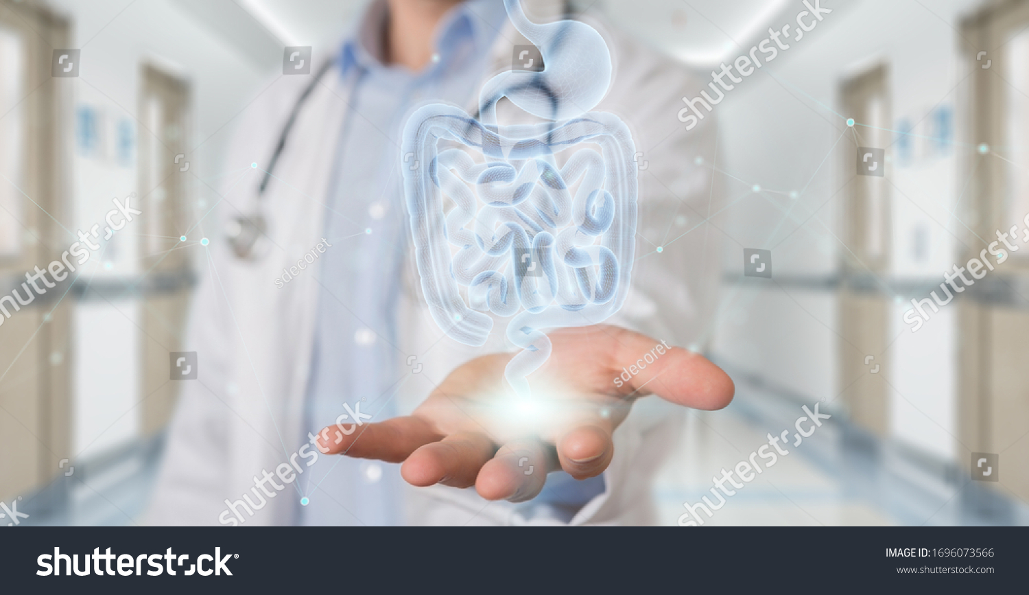 Gastroenterologist on blurred background using digital x-ray of human intestine holographic scan projection 3D rendering #1696073566