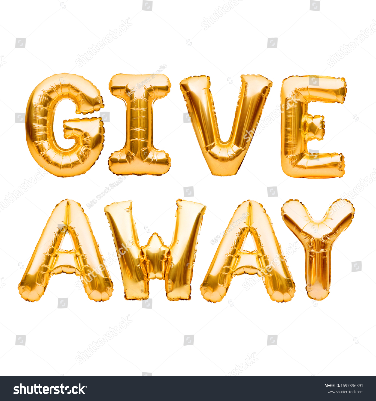 Golden word GIVEAWAY made of inflatable balloons isolated on white background. Lottery and prizes, contest. Social media marketing and advertising concept. Gold foil balloon letters. #1697896891