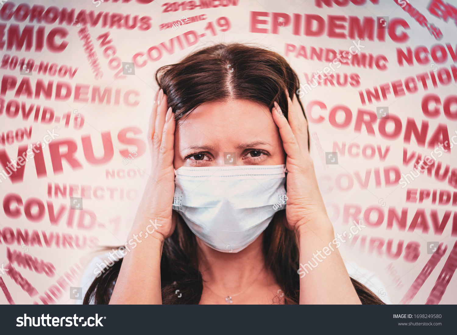 a woman with a mask on his face, scared by the news of the coronavirus covid-2019. Panic situation. Fear of getting sick. concept of the spread of coronavirus. The patient is scared covid 19. #1698249580