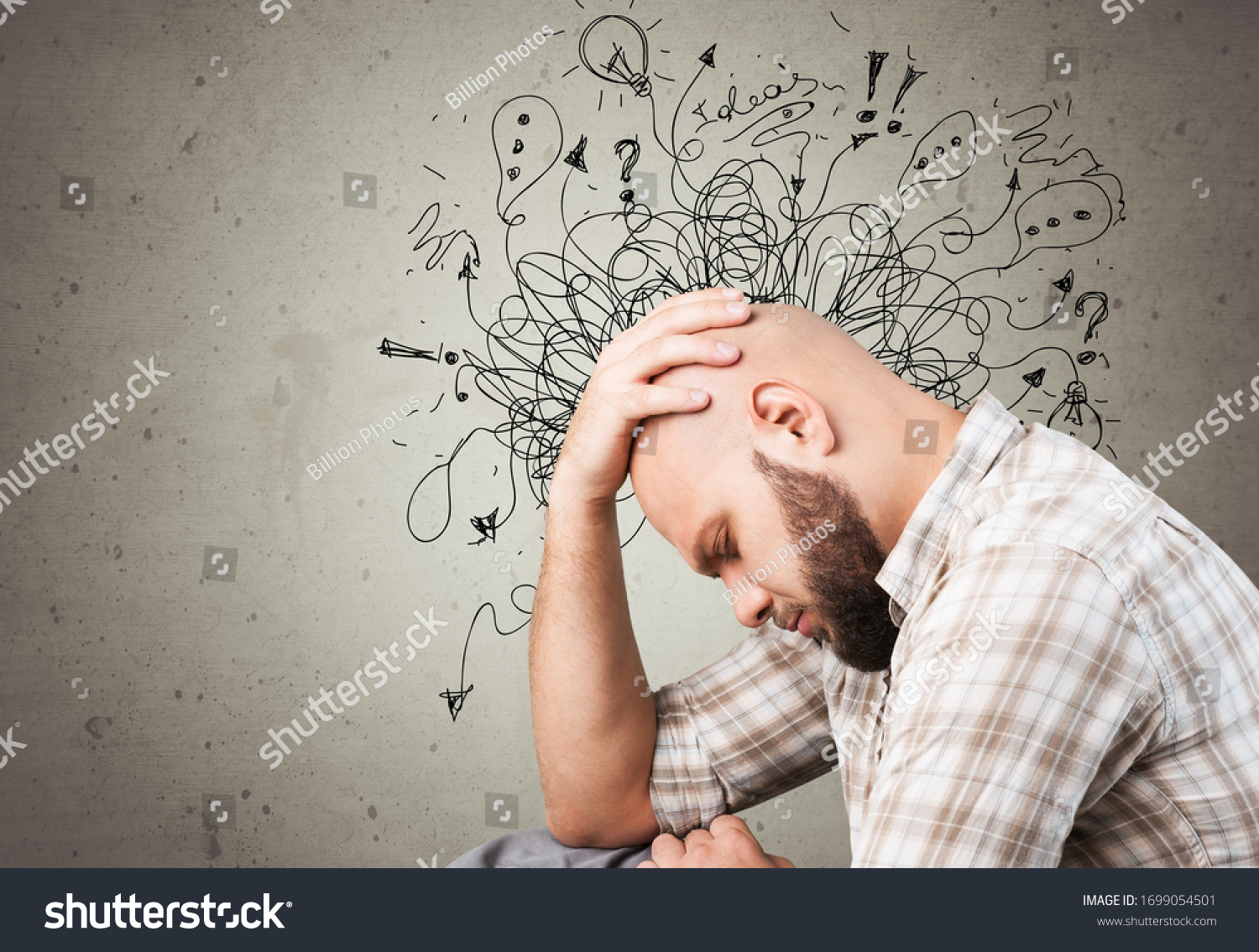 Adult man feels stress and anxiety with drawing illustrations #1699054501