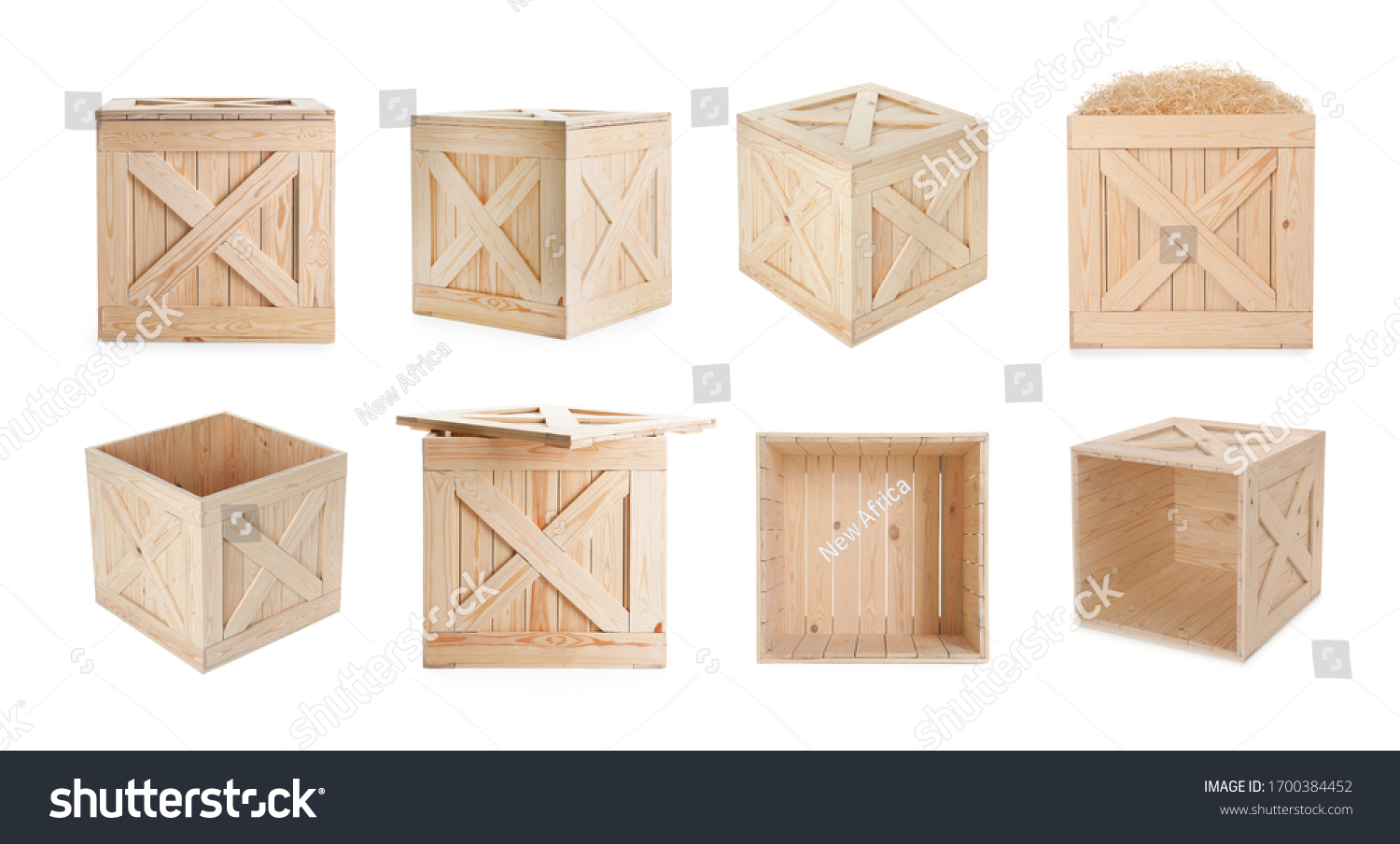 Set of new wooden crates on white background. Banner design #1700384452