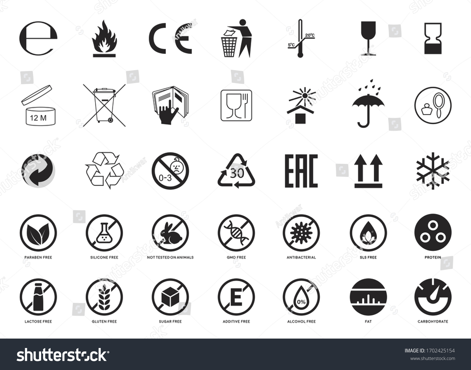 Set of Packaging Symbols. Handbook general symbols. Gluten, Lactose, GMO, Paraben, Silicone , SLS, Sugar free, Food additive, Not Tested on Animals, Antibacterial, Protein, Fat Carbohydrate icons. #1702425154