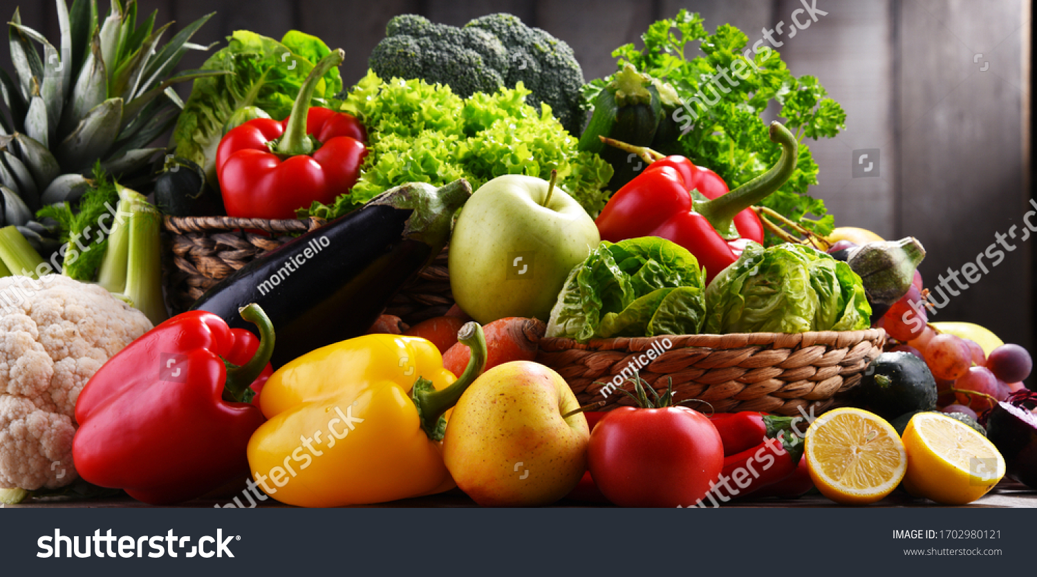 Composition with assorted organic vegetables and fruits. #1702980121