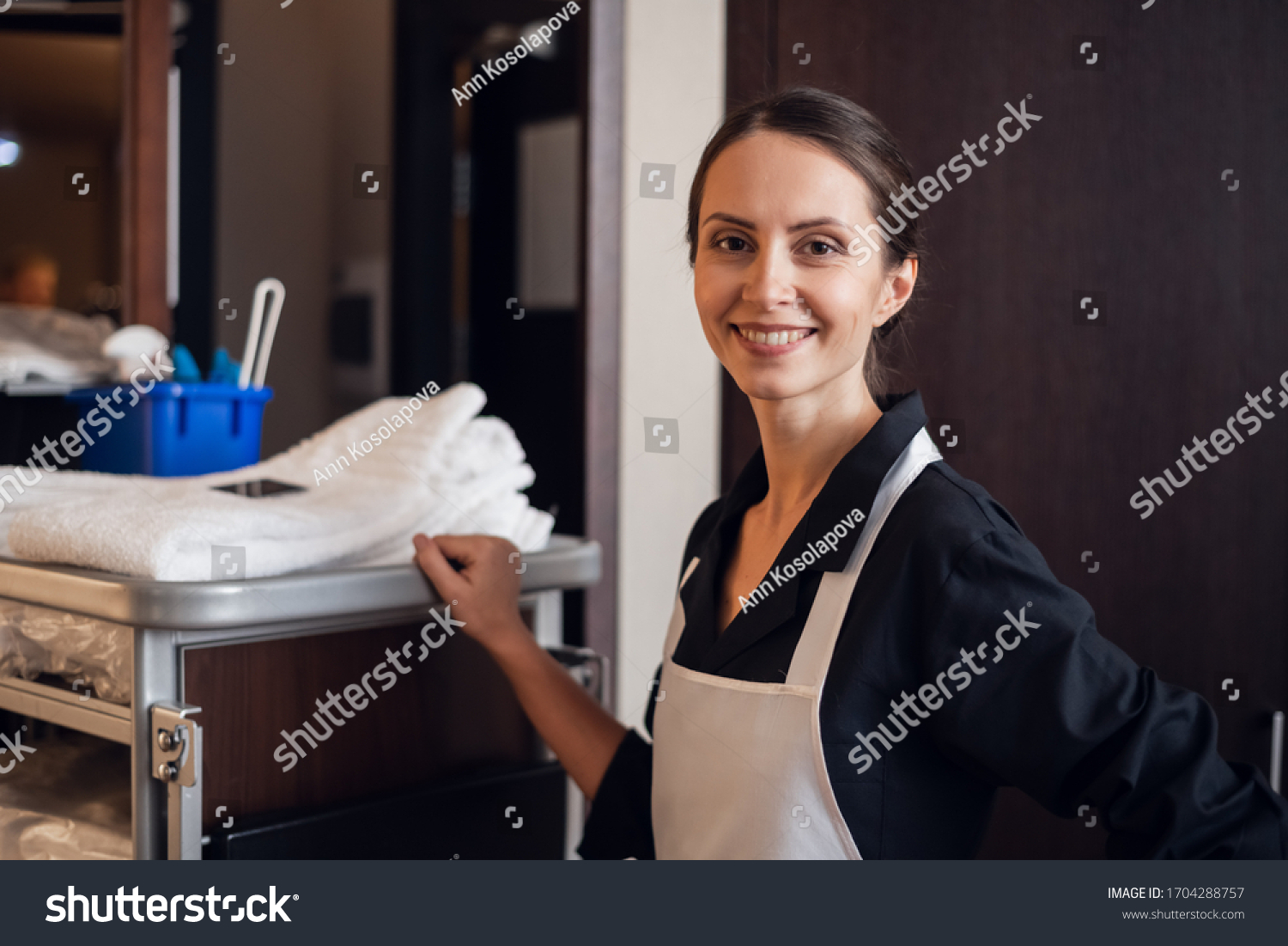 A portrait of a smiling housekeeping lady with a cart #1704288757