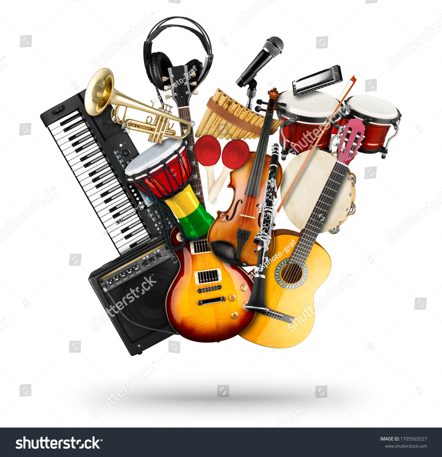 stack pile collage of various musical instruments. Electric guitar violin piano keyboard bongo drums tamburin harmonica trumpet. Brass percussion studio music concept isolated on white background #1705565527