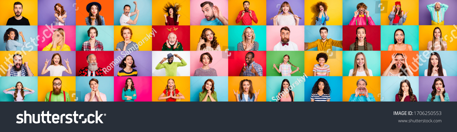 Photo collage of group of glad cheerful excited astonished funky scared surprised people person youngsters children having bright facial expressions isolated over multicolored background #1706250553