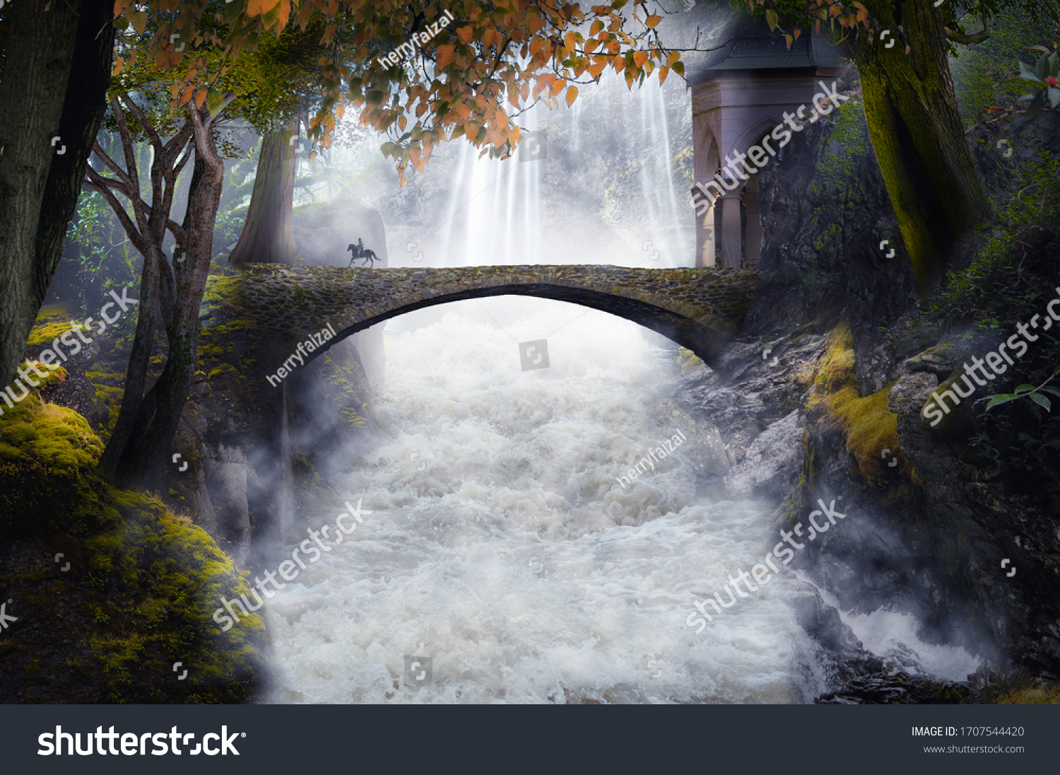 fantasy river with old stone bridge #1707544420