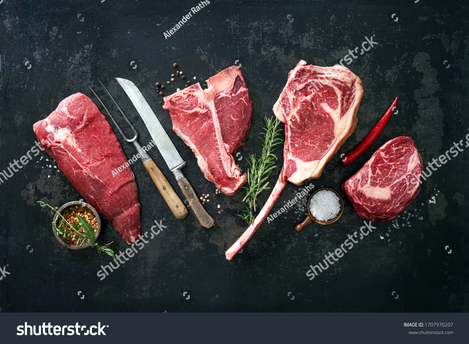 Variety of raw beef meat steaks for grilling #1707970207