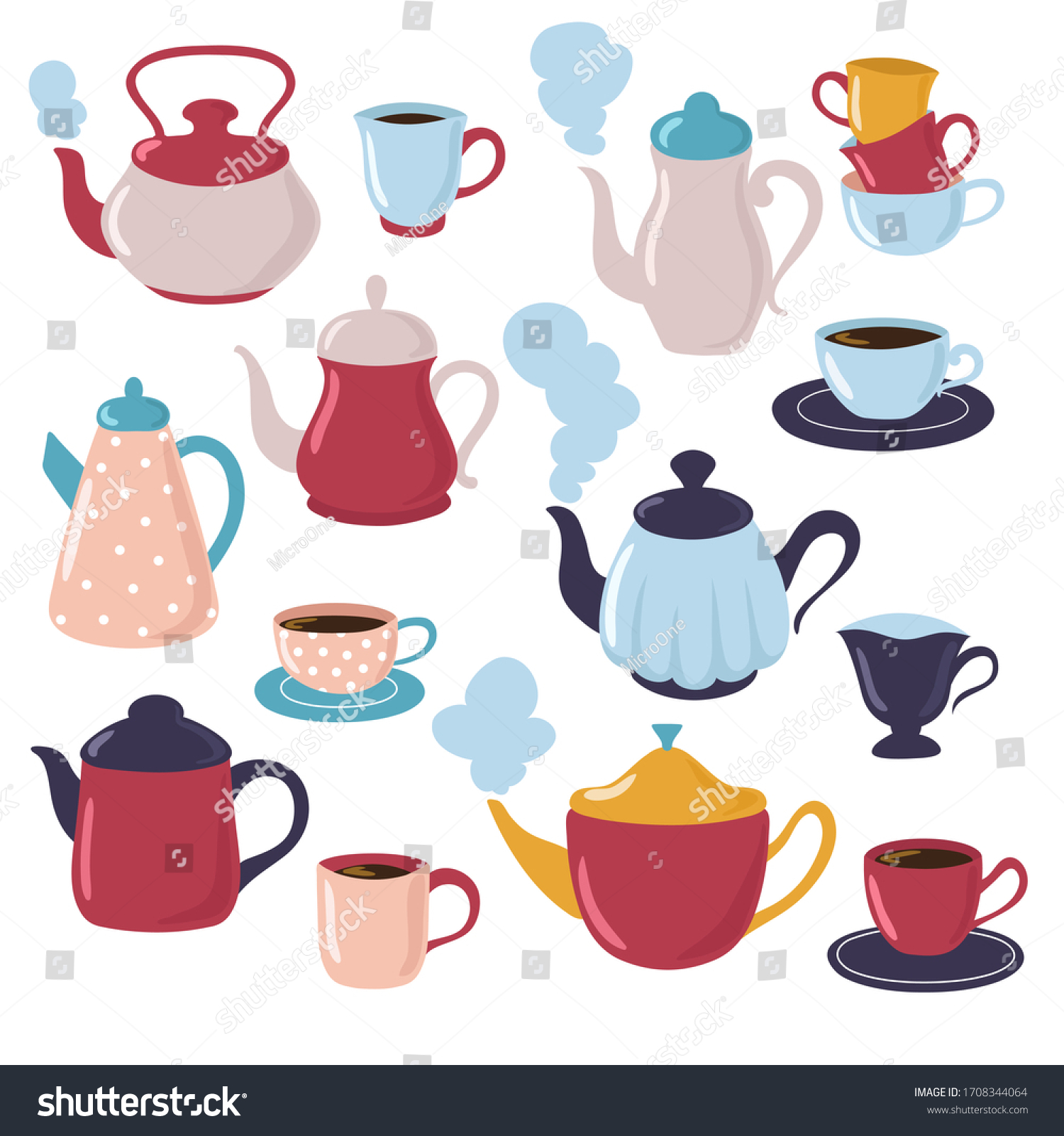 Teapot and cup collection. Cartoon water kettle and porcelain cups with tea. Kitchenware set #1708344064