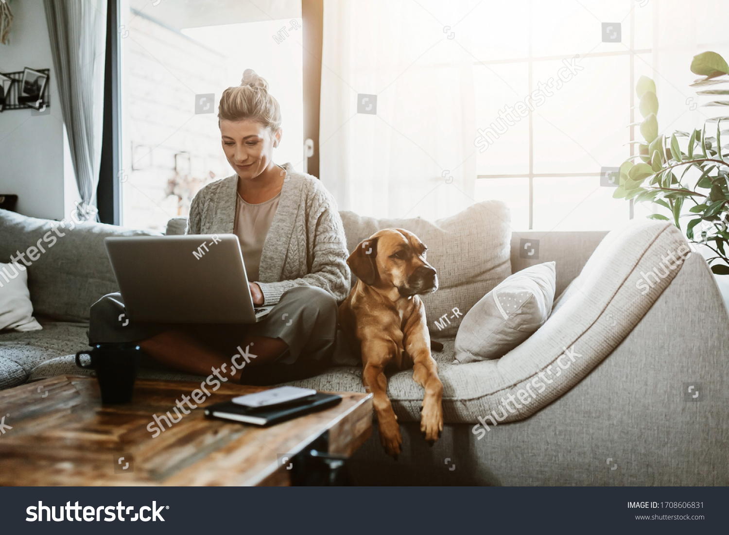 Businesswoman working on laptop computer sitting at home with a dog pet and managing her business via home office during Coronavirus or Covid-19 quarantine #1708606831