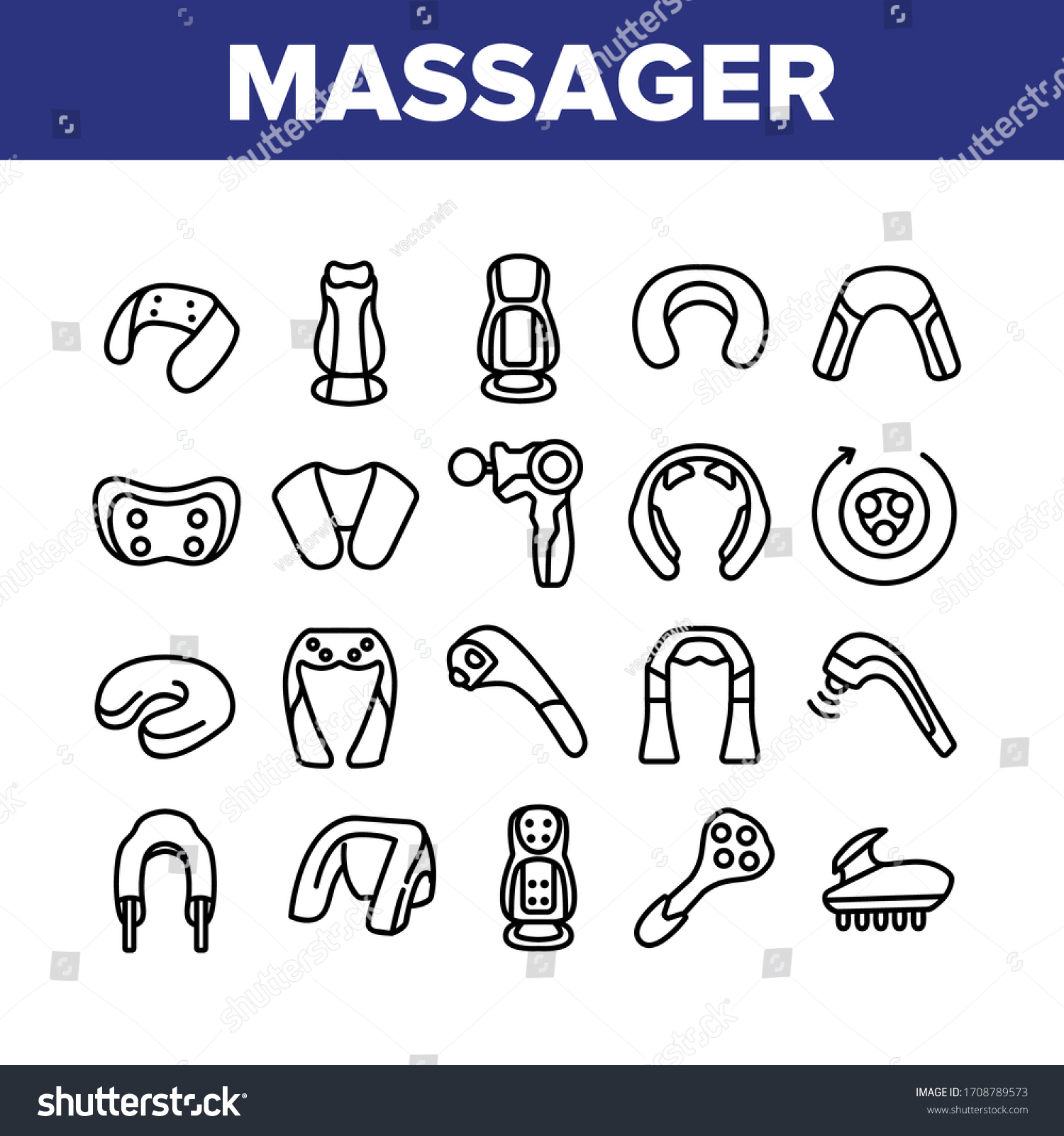 Shoulder Massager Collection Icons Set Vector. Body And Foot Massager Equipment For Relaxation, Electric Wearable Pulse Neck Device Concept Linear Pictograms. Monochrome Contour Illustrations #1708789573