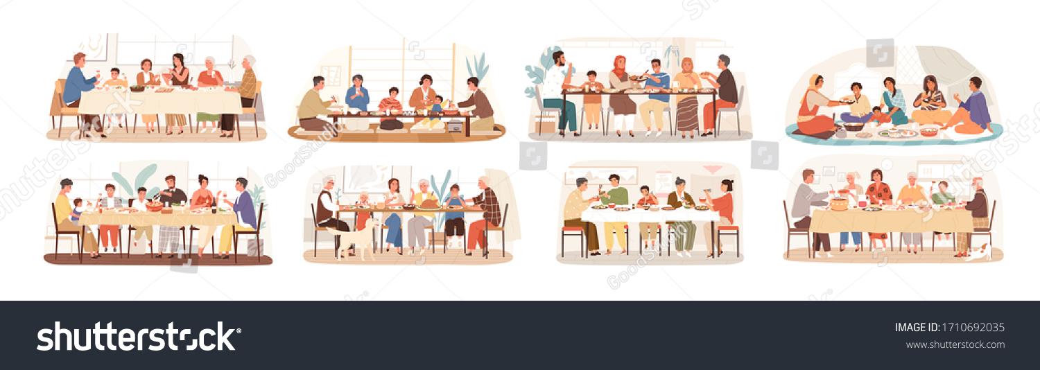 Collection of scenes with family at festive dinner. Children, parents and grandparents eating national dishes together. Holiday meal in various countries. Vector illustration in flat cartoon style #1710692035