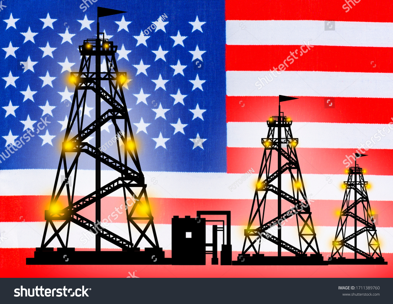 Oil fields in the USA. Drilling rigs on the background of the flag of America. US oil and gas industry. Concept - United States Oil Extraction Companies. Concept - West Texas Intermediate. WTI. #1711389760