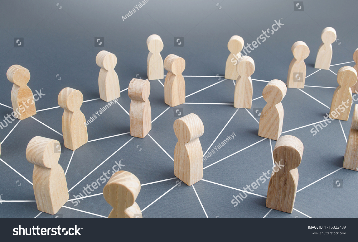 People connected people by lines. Society concept. Social science relationships. Cooperation and collaboration, news gossip spread. Teamwork. Marketing, dissemination of trends and information #1715322439
