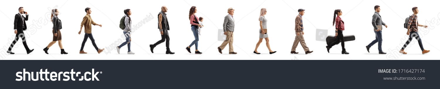 Long line of different profile people walking isolated on white background #1716427174