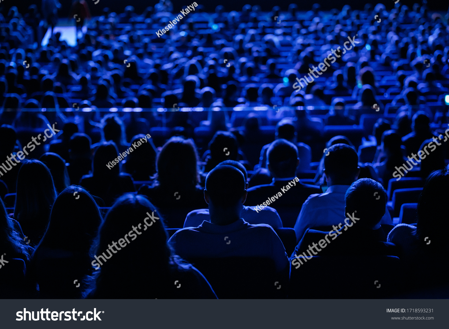 The audience in the cinema, the view from the back. Group of people at the business conference, back view, blue tones #1718593231