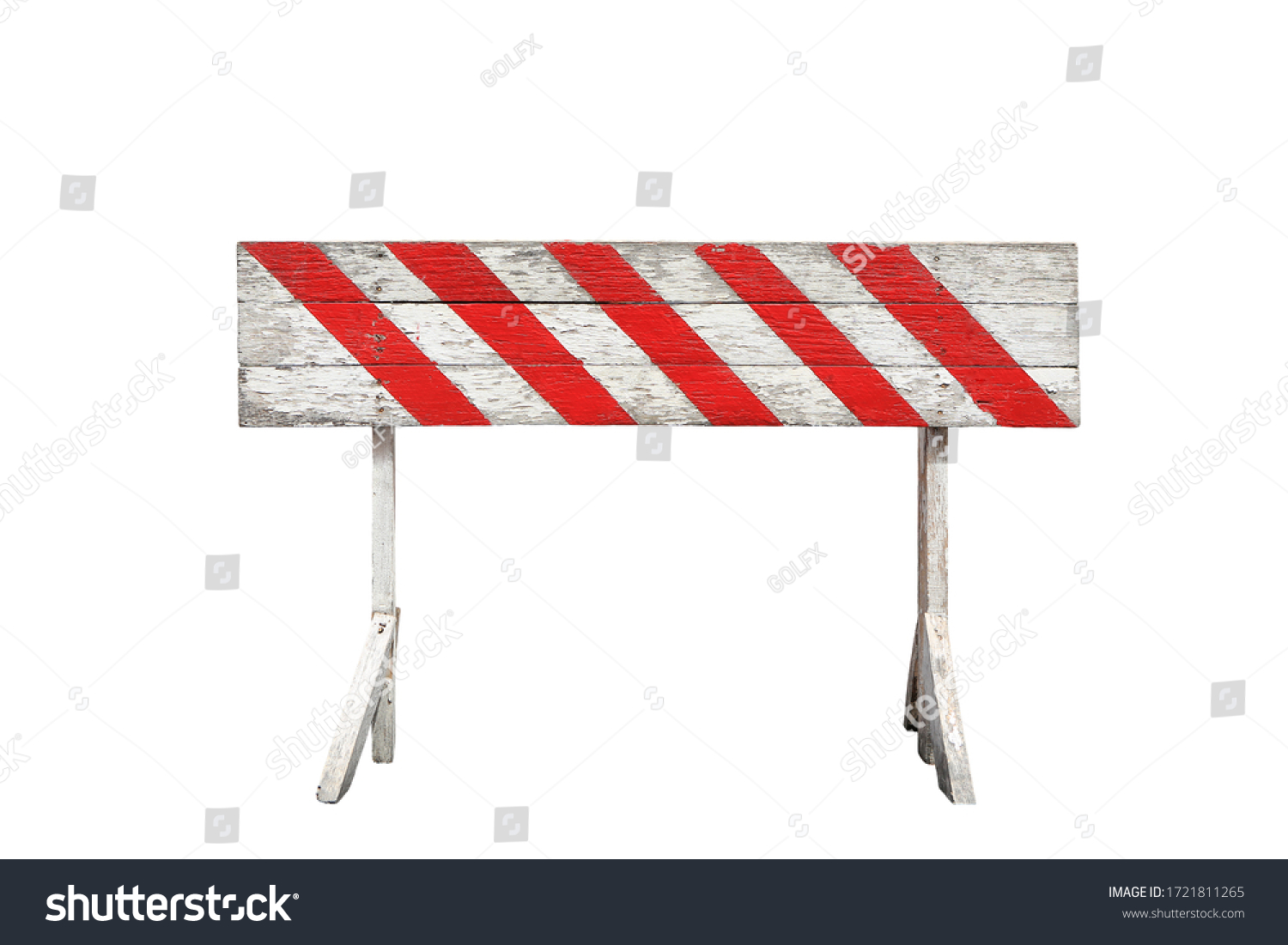 red and white striped on wooden panel barrier isolated on white background. the ban sign painted on wood plank and stand #1721811265