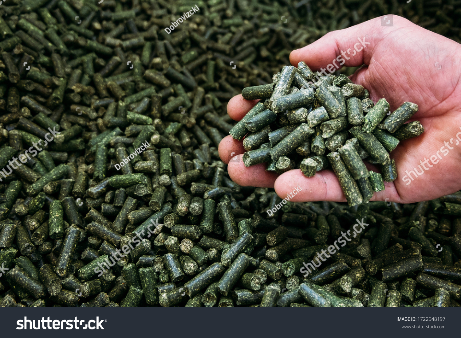 a large number of alfalfa green granules in a warehouse for the production of agricultural feed ready for packaging #1722548197