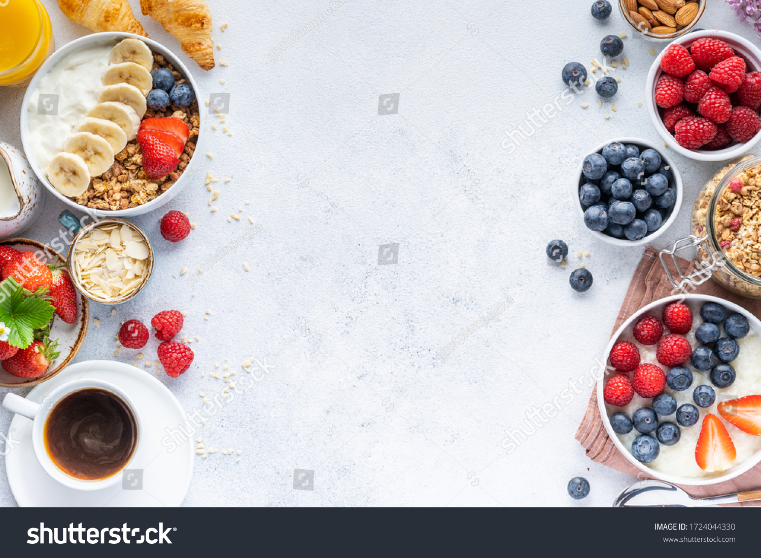 Healthy breakfast set on grey background. The concept of delicious and healthy food. Top view, copy space. #1724044330