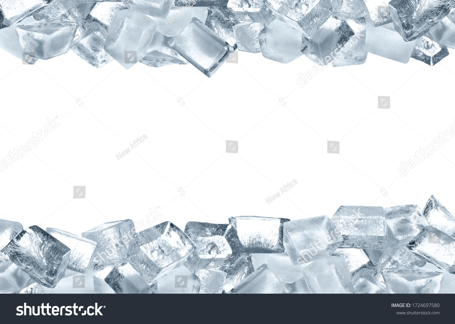 Crystal clear ice cubes on white background, space for text #1724697580