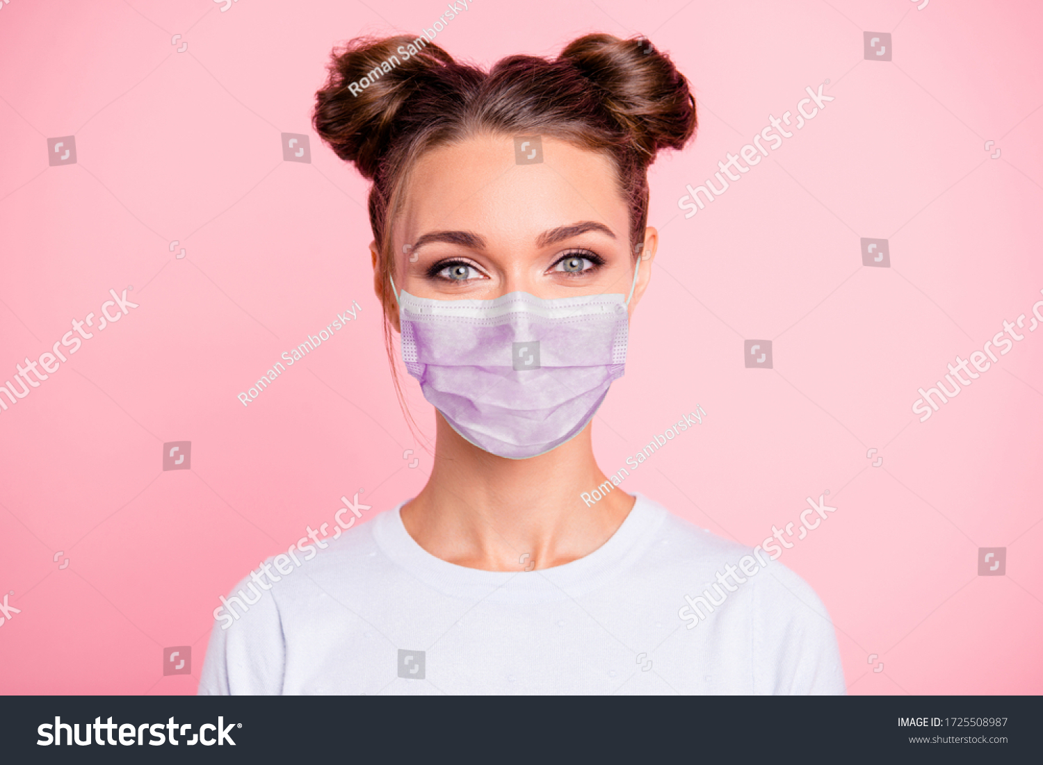 Close-up portrait of her she nice attractive lovable cute adorable winsome girl with two buns wear white shirt protection flu cold facial mask isolated over pink pastel background #1725508987